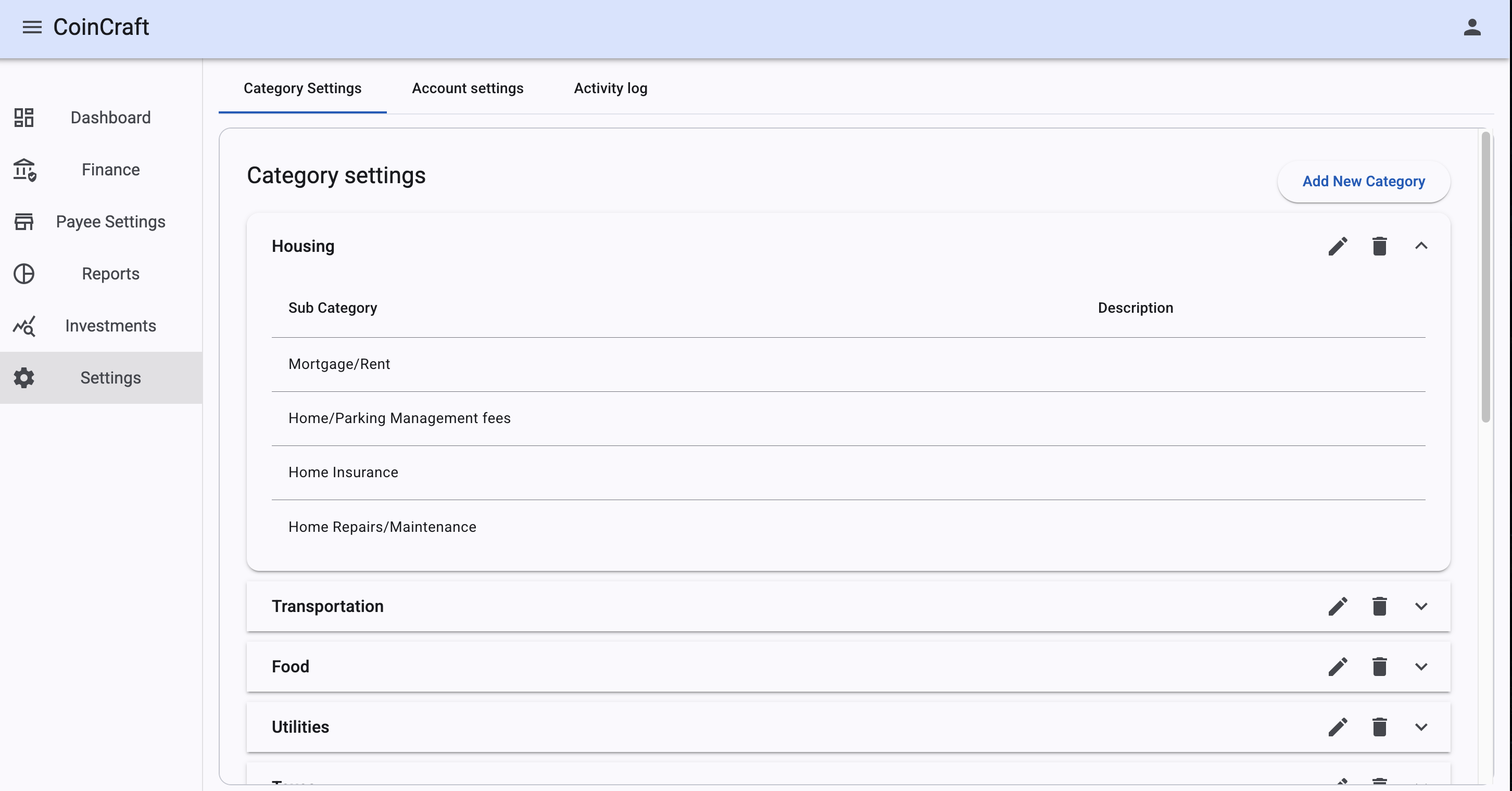 Manage categories and accounts screen