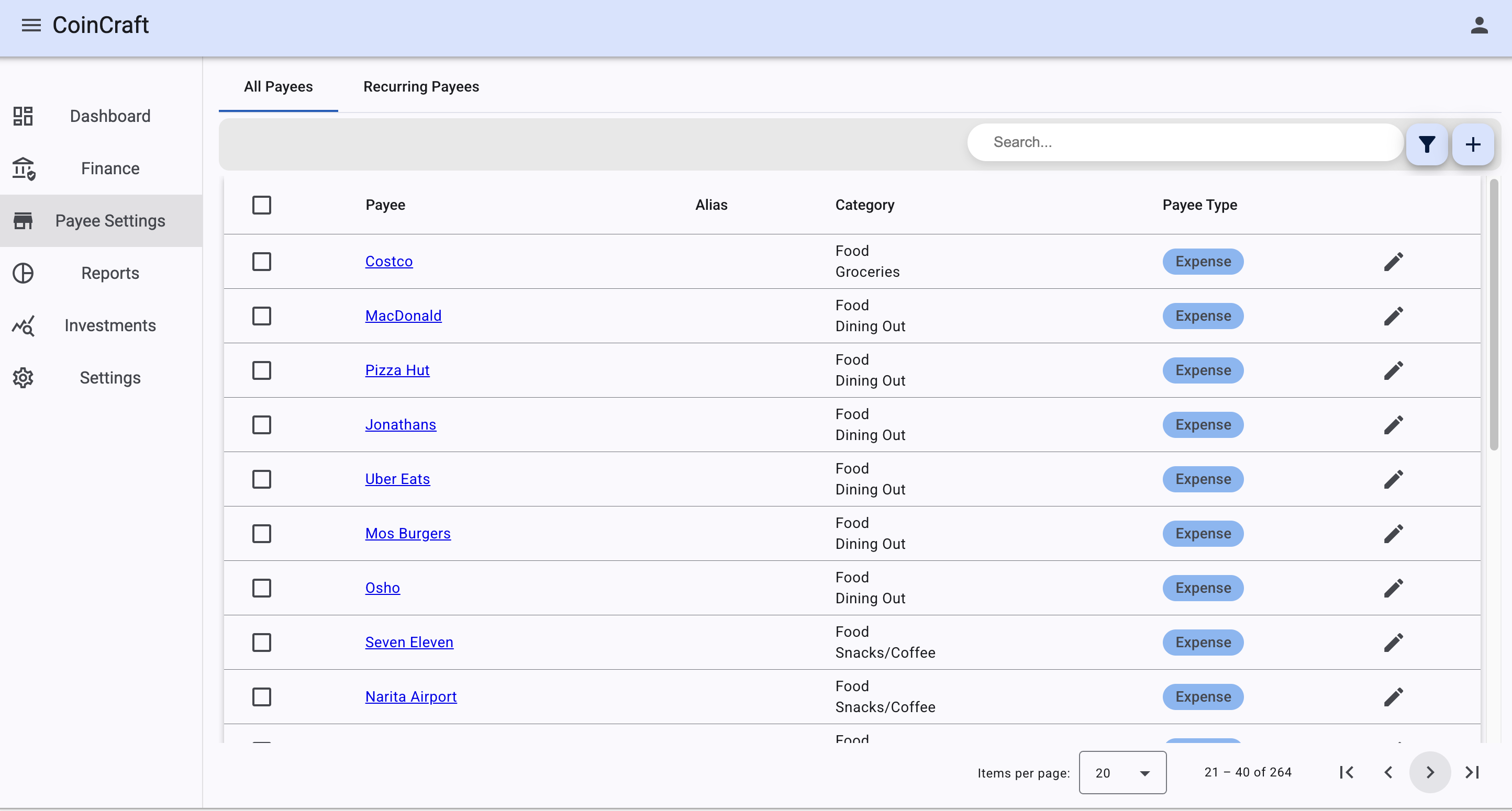 Manage payees screen